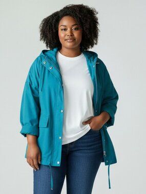 Ellen Tracy Company Womens Size 22W Blue Snap Front Full Zip Hooded Jacket 22